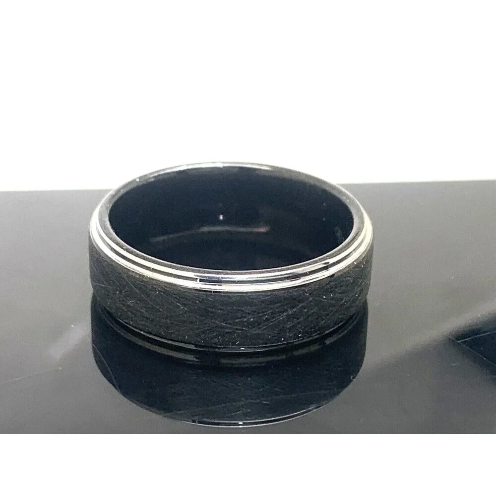 Men's Wedding Band Black Silver Tungsten Carbide 8mm Engagement Ring Size 12.5